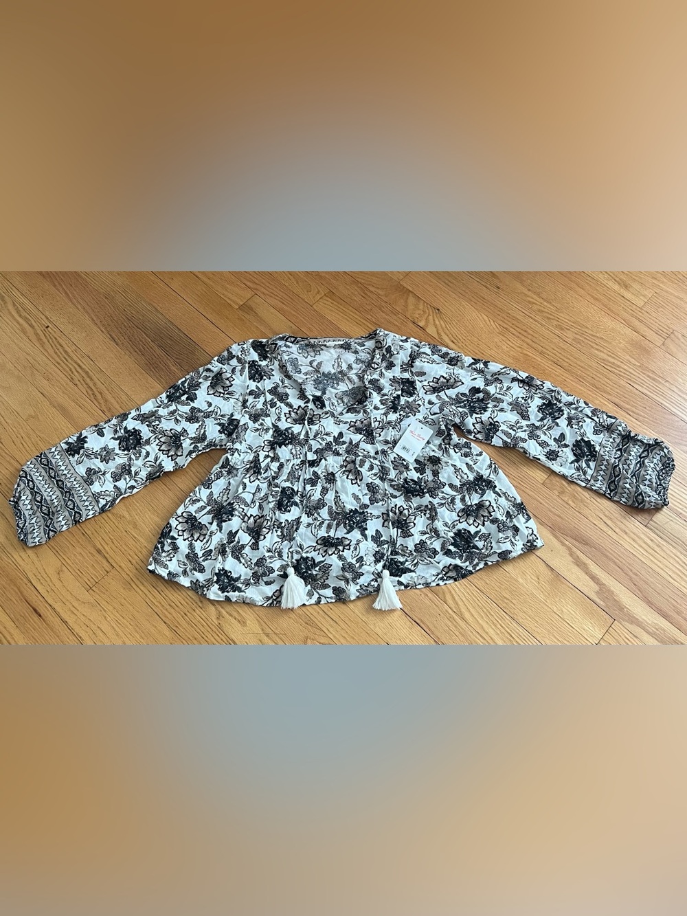 Lucky Brand Black, Tan, & White Floral Tie-Front Tunic